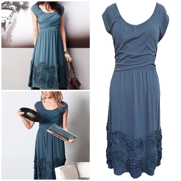 Garnet Hill Rosette Knit Jersey Dress Slate Blue Stretch Short Sleeve Size 8 - Picture 1 of 10